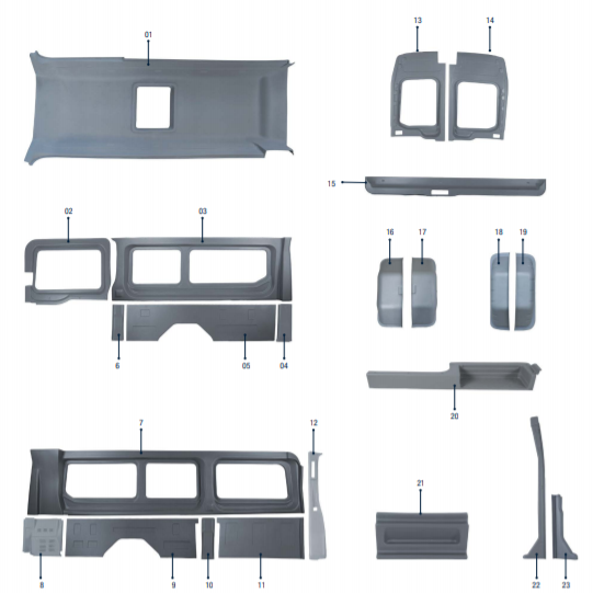**TRANSIT INTERIOR TRIM SET** THERMOFORM ABS PLASTIC for COMMERCIAL VEHICLES, MOTORHOMES, MINIBUSES, COACHES, BUSES